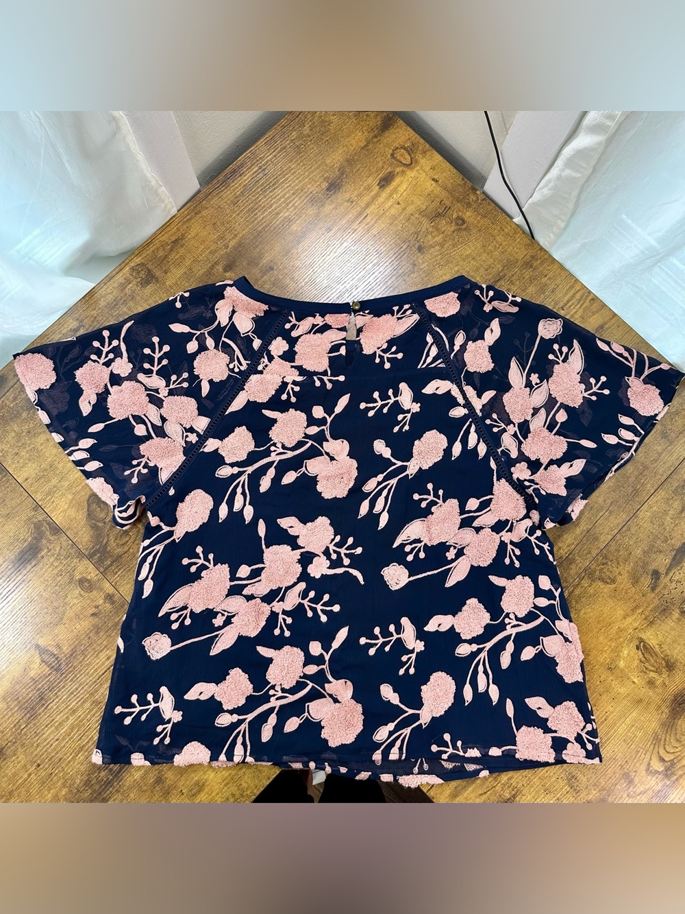 Maeve by Anthropologie Franca Textured Floral Blouse, Navy and Pale Pink, Medium - Picture 9 of 16